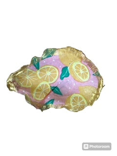 Gold Oyster Shell- Pink with Lemons Ring/Trinket Dish - medium