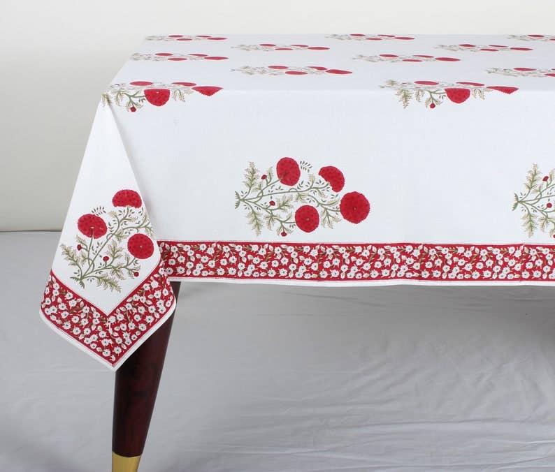 Fabricrush - 60x90 New Falun Red Green Indian Floral Christmas Tablecloth: Without Napkins, 6 Seater 60X90 Inches