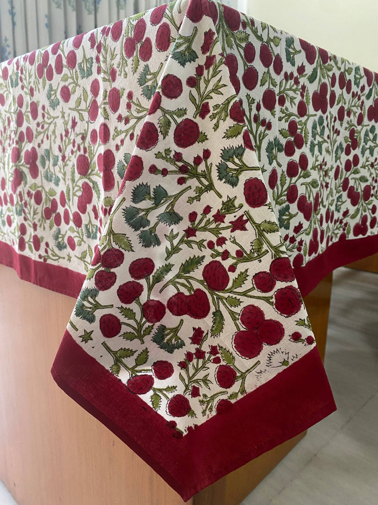 Fabricrush - Garnet Red Emerald Green Hand Block Print Cotton 70x108 Tablecloth: Without Napkins, 8 Seater 70x108