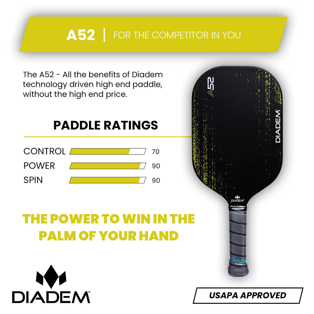 Diadem A52 USAPA Approved Carbon Fiber Face Pickleball Paddle Made for Control and Spin