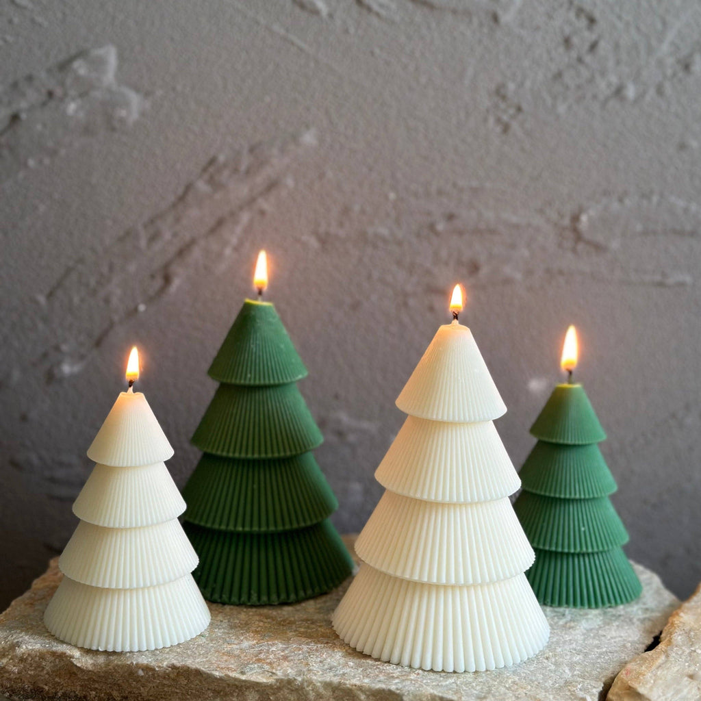 - Ribbed Christmas Tree Candle (1pc): Ivory/Undyed, Unscented, Small Tree-LA AROMA CANDLE CO