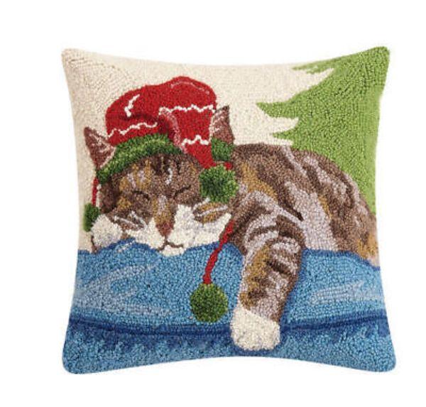 Holiday Napping Cat Hook Poly-filled Pillow-31SJM10280C16SQ 16 x 16 in.