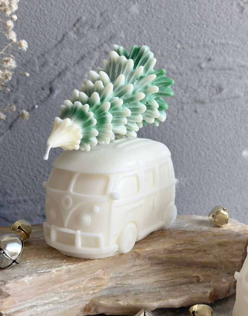 Christmas Tree+Hippie Bus Candle Sets: Green Tree+Bus, Unscented-LA AROMA CANDLE CO.