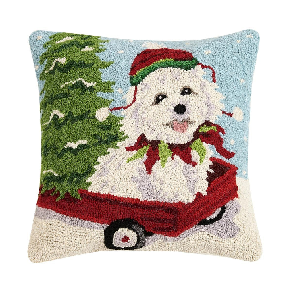 . Holiday White Bichon Frise Square Poly Filled Hook Pillow-Peking Handicraft 31SJM10072C16SQ 16 x 16 in